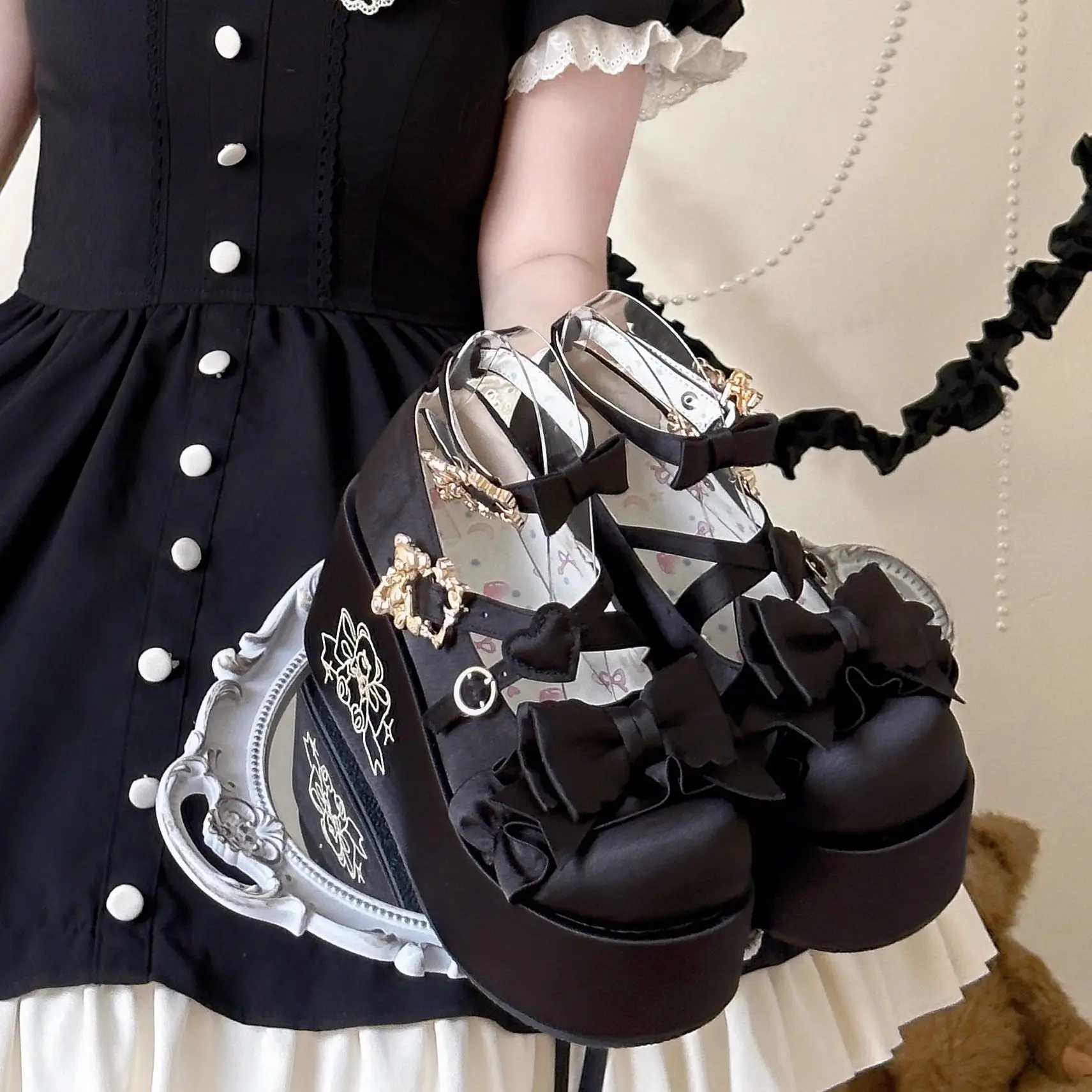 Kawaii Japanese Original Sweet and Cute Doll Feeling Satin Platform Muffin Shoes Soft Girl Lolita Bow Love Lo Single Shoes Women