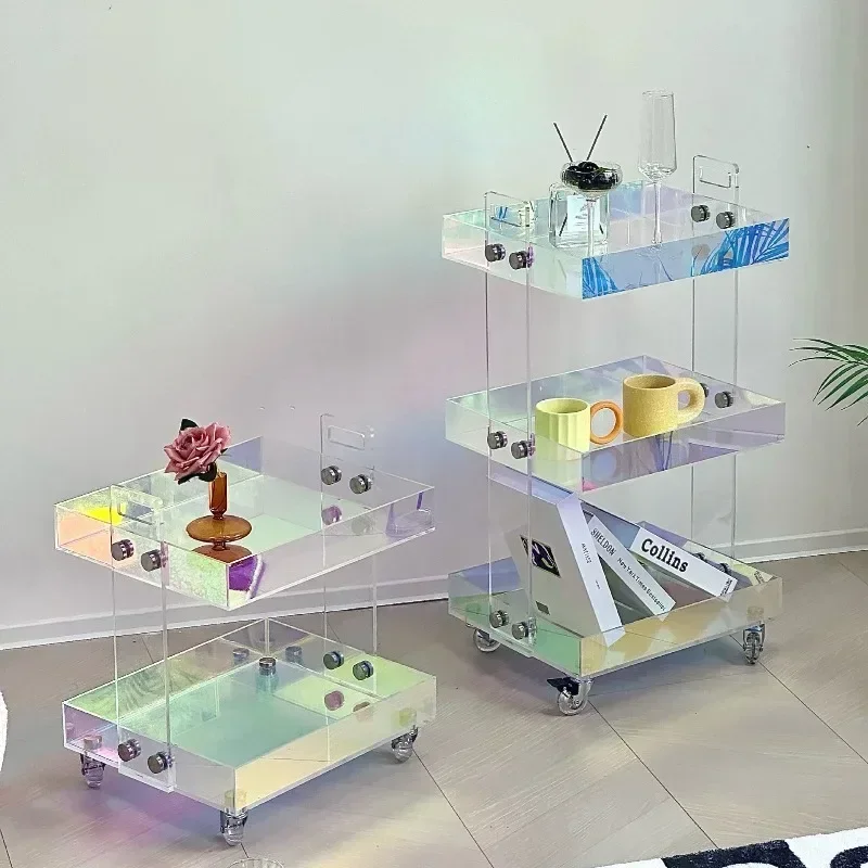 Modern Simple Transparent Acrylic Coffee Table Movable Trolley Rack – Stylish Clear ACRYLIC Furniture for Living Room Decor