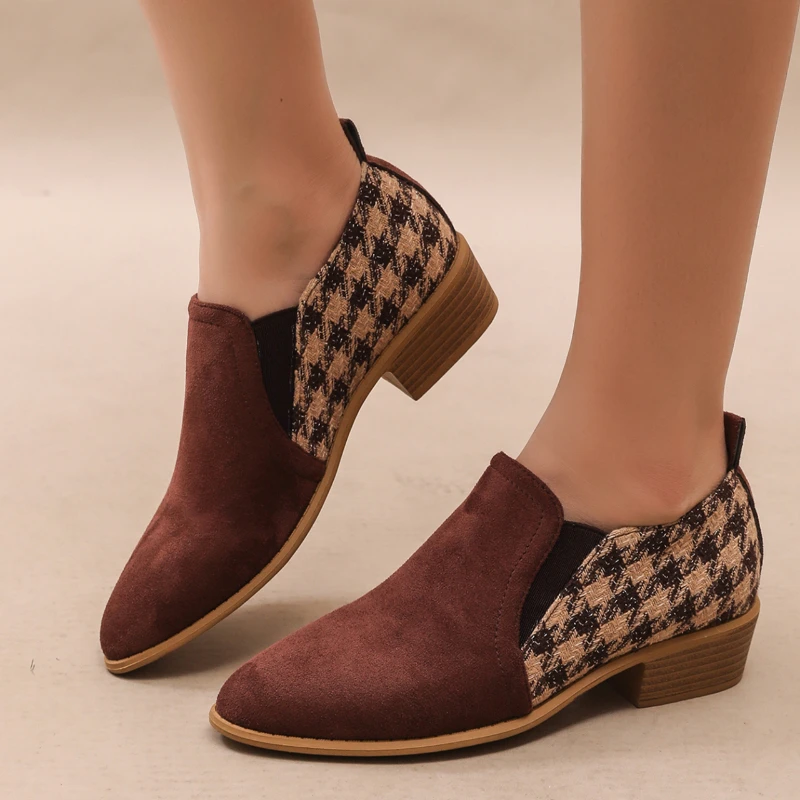 

2025 Shoes Female Hot Sale Slip on Autumn Women's Pumps Pointed Toe Mixed Colors Flock Houndstooth Mid Heeled Profession Pumps