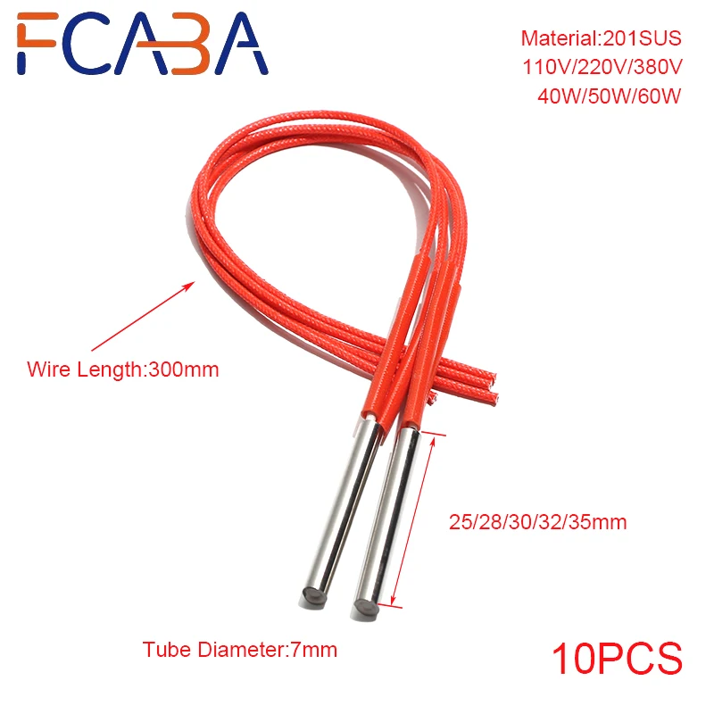 10PCS 201SUS 6mm 25-35mm Single Head Heating Pipe Heat Parts 110/220/380V 40-60W Heating Electric for heating Tube High-density