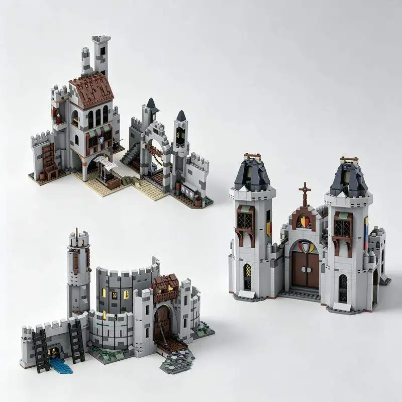 2736PCS 3in1 Medieval Castle Bundle Building Blocks Modular Church Gate Model Custom Puzzle Architecture DIY Assembly Toy Gift