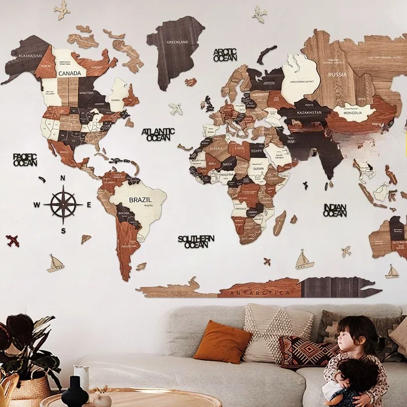 3D Spliced Solid Wood World Map Wall Hanging Nordic Home Wall Decor