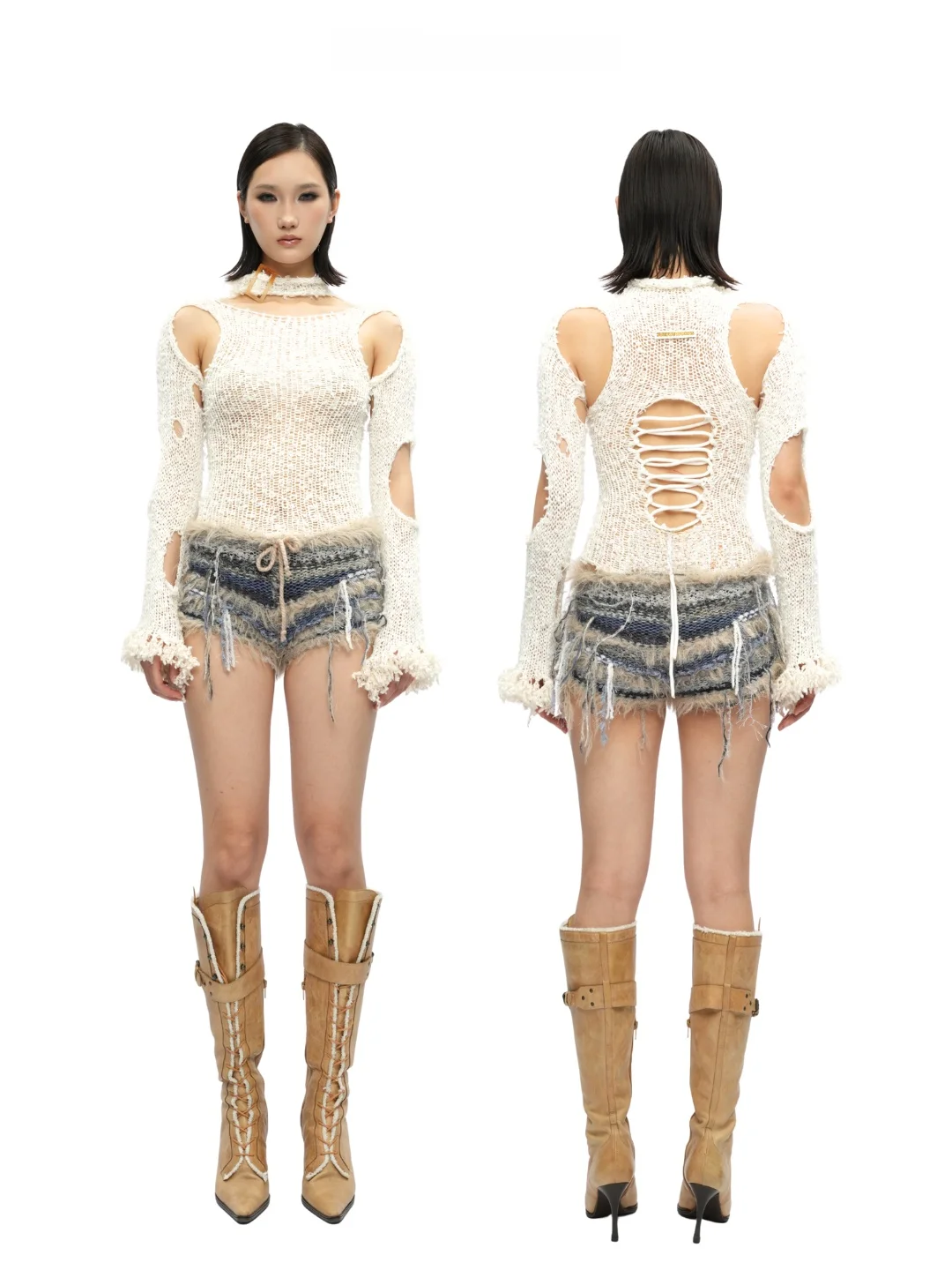 

Handmade Knitted Asymmetric Long Sve Women's Top JUEJUEWORKS White Hole Binding Tape Autumn Winter Original Pure Wool Knit...