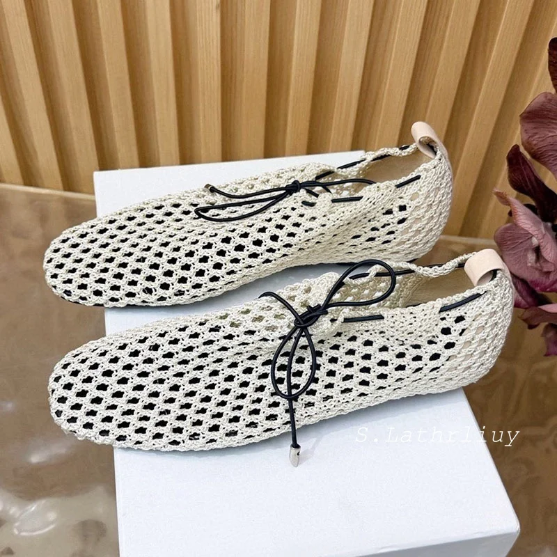 Flat Shoes Women's Crochet Mesh Lace-Up Flats Hollow Out Woven Square Toe Casual Summer Beach Shoes Breathable Vacation Mules