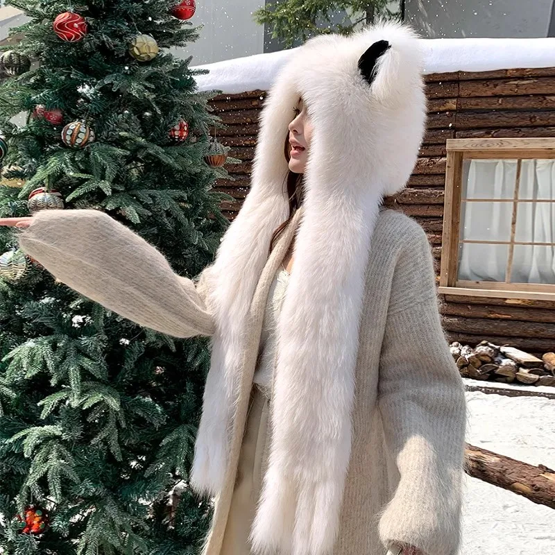 Hot Real fox fur scarf hat new style women's cute cat ears braided tassel Scarves cap fur winter warm Knit hats  hooded scarfs