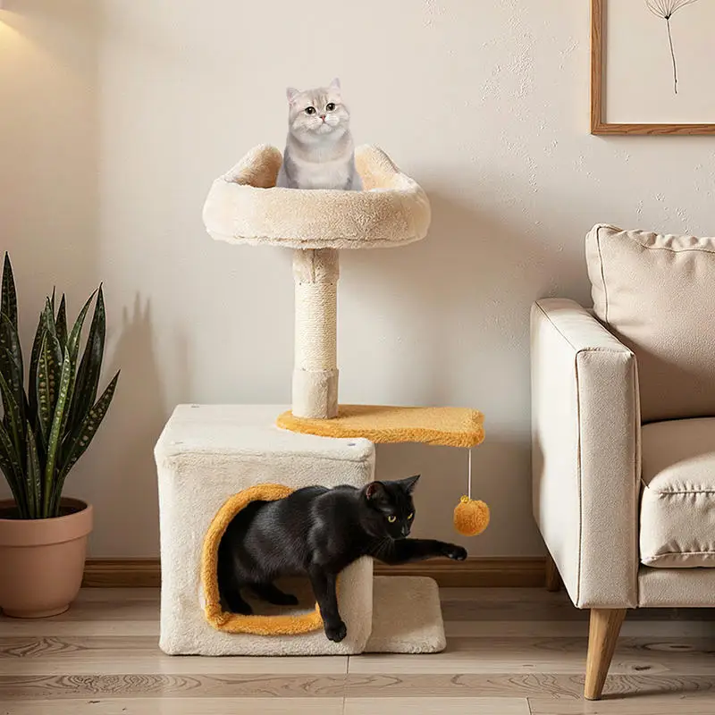 Kleiner Katzenbaum mit fischförmiger Plattform, Holz-Katzenbaum, Katzenkratzbaum, Kletterbaum, Indoor-Holz-Katzenbaum mit Fischplattform und Kratzstange für Kätzchen