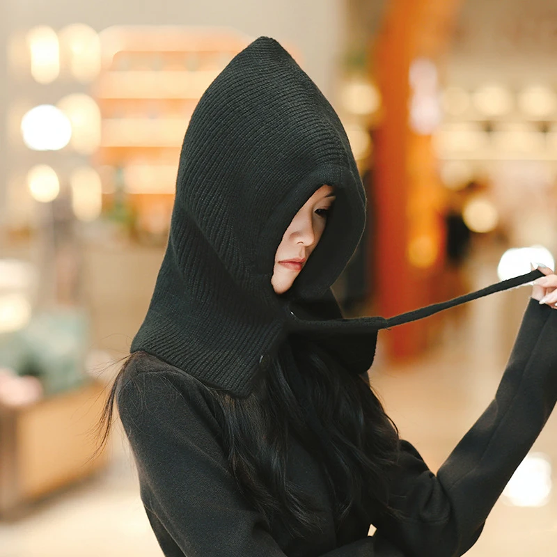 패션 솔리드 컬러 버튼 니트 모자 겨울 보온 방풍 후드 여성용