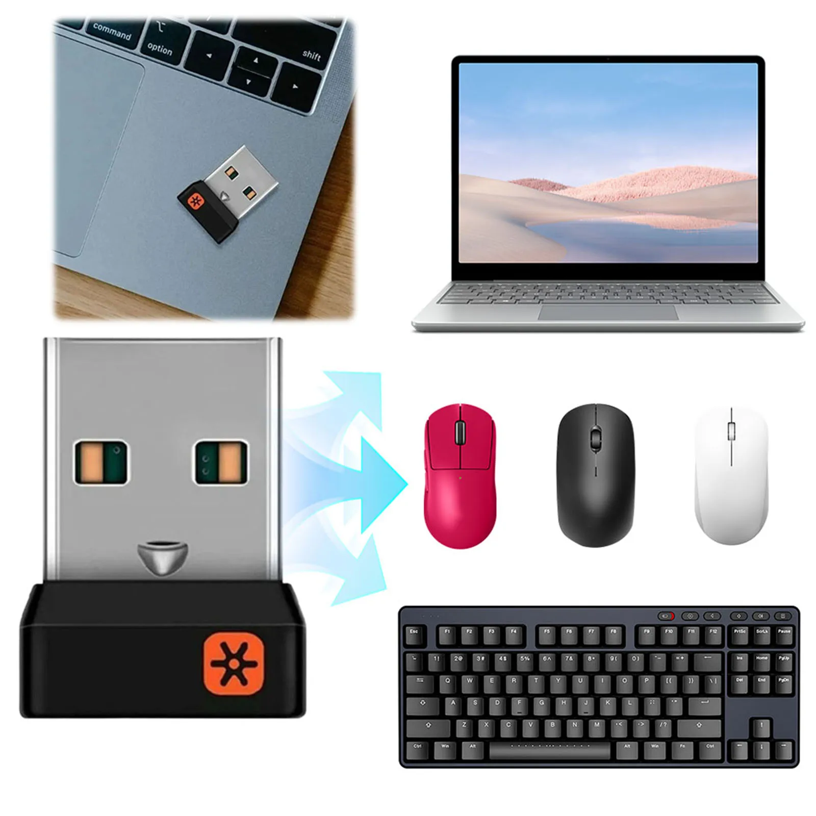 جهاز استقبال USB يربط ما يصل إلى 6 أجهزة جهاز استقبال دونجل لاسلكي USB دونغل للوحة مفاتيح الماوس لوجيتك
