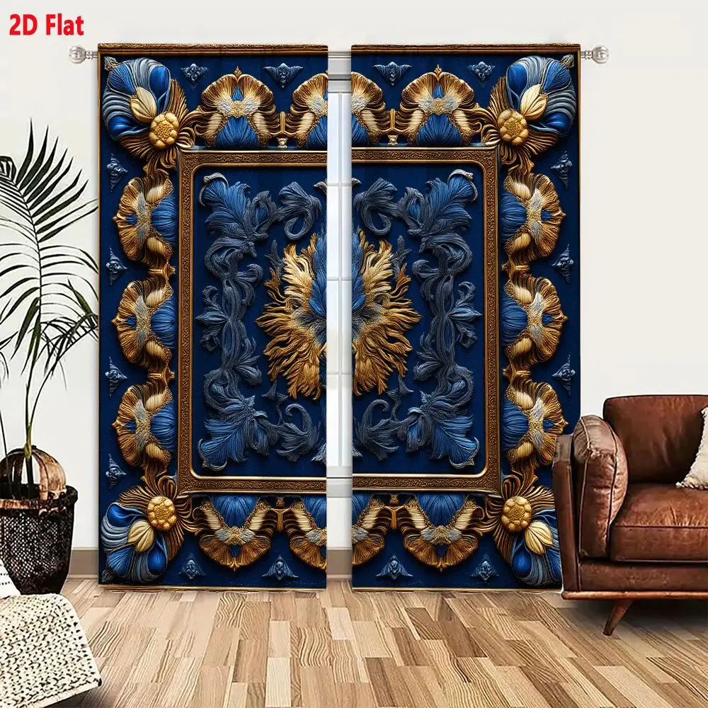 2Pcs Curtains Add 2D Flat Baroque Blue Gold Ornate Symmetrical Floral Decorative Panel Window Drapes for Bedroom Room Decor Deco