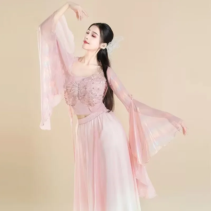 Trajes de actuación de bailarina clásica china, pantalones de gasa de mariposa, ropa de práctica, rima corporal, vestido de baile de estilo chino