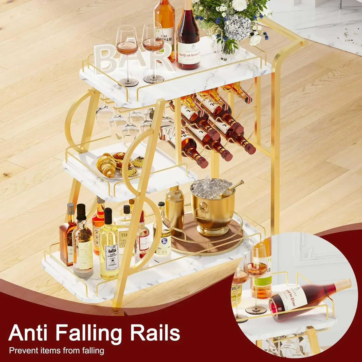 

Gold Bar Carts for The Home, Serving Cart with Wine Glass Holder, 3-Tier Drink Carts with Wheels, Rolling Beverage Trolley