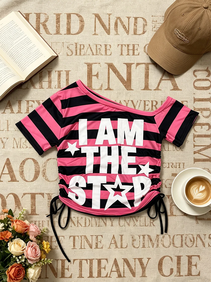 California Style Striped Off Shoulder Cropped T-shirt Lady Star Slogan Print Double Side Drawstring Ruched Slim Streetwear Shirt