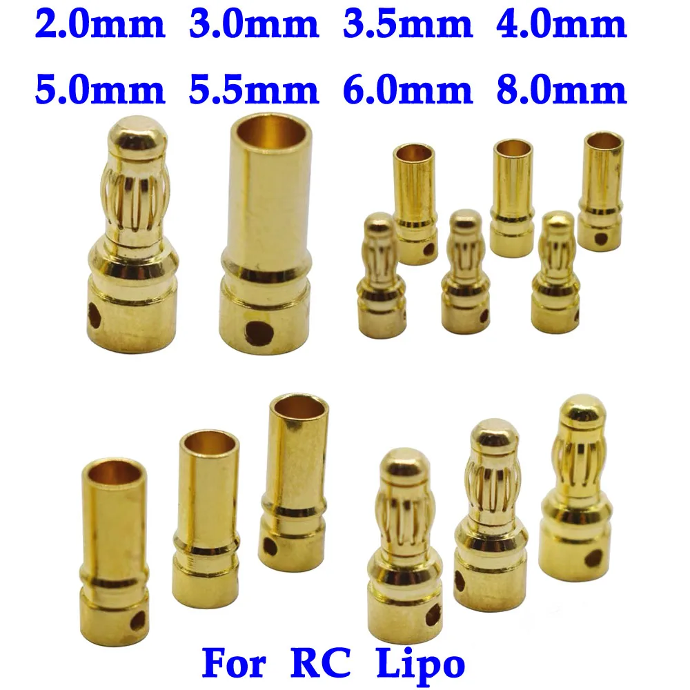 1Pair RC Battery Gold-plated Bullet Banana Plug High Quality Male Female Bullet Banana 2mm 3mm 3.5mm 4mm 5mm 6mm 8mm Connector