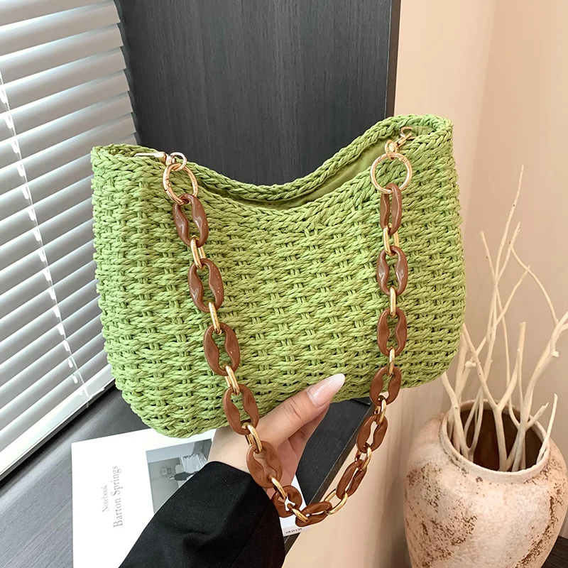 Green Design Straw Bag 2024 Fashion Chain Shoulder Handbag And Purse Boho Beach Bag Rattan Handmade Female Bag Summer Bolsos