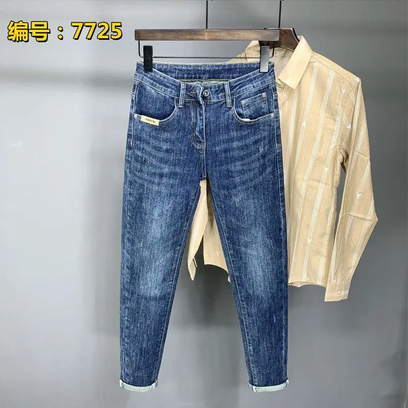 Harajuku موضة الشارع الشهير الجينز الرجال العلامة التجارية العصرية مطاطا عادية نحيل الجينز السراويل الشباب الكورية بسيطة سليم ورقيقة السراويل