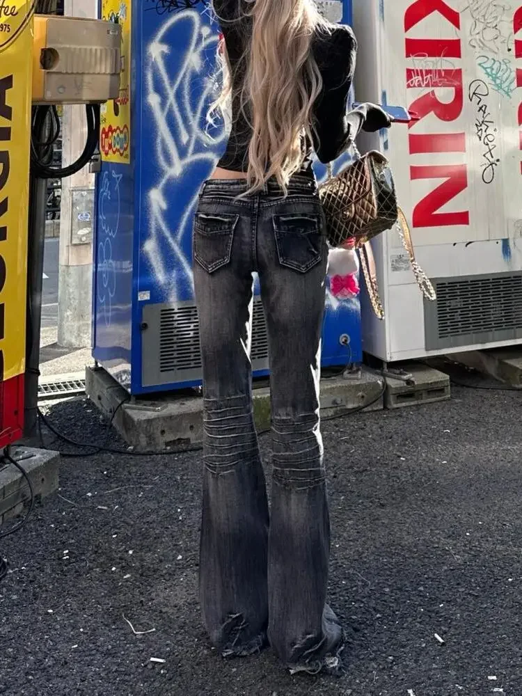 Damskie jeansy dzwony z niskim stanem w stylu Dark Academia na jesień 2025, vintage, Abi Y2k, Harajuku, spodnie dżinsowe, streetwearowe spodnie dzwony