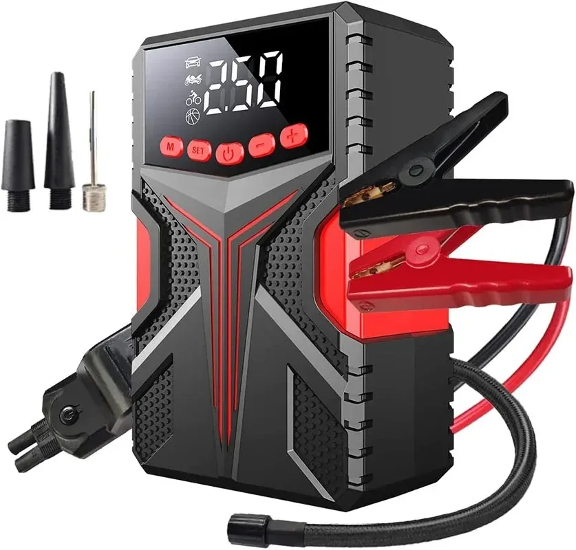 Car Jump Starter & Tire Inflator 2-in-1, Heavy Duty Battery Booster with Power Bank for 12V Petrol/Diesel Vehicles