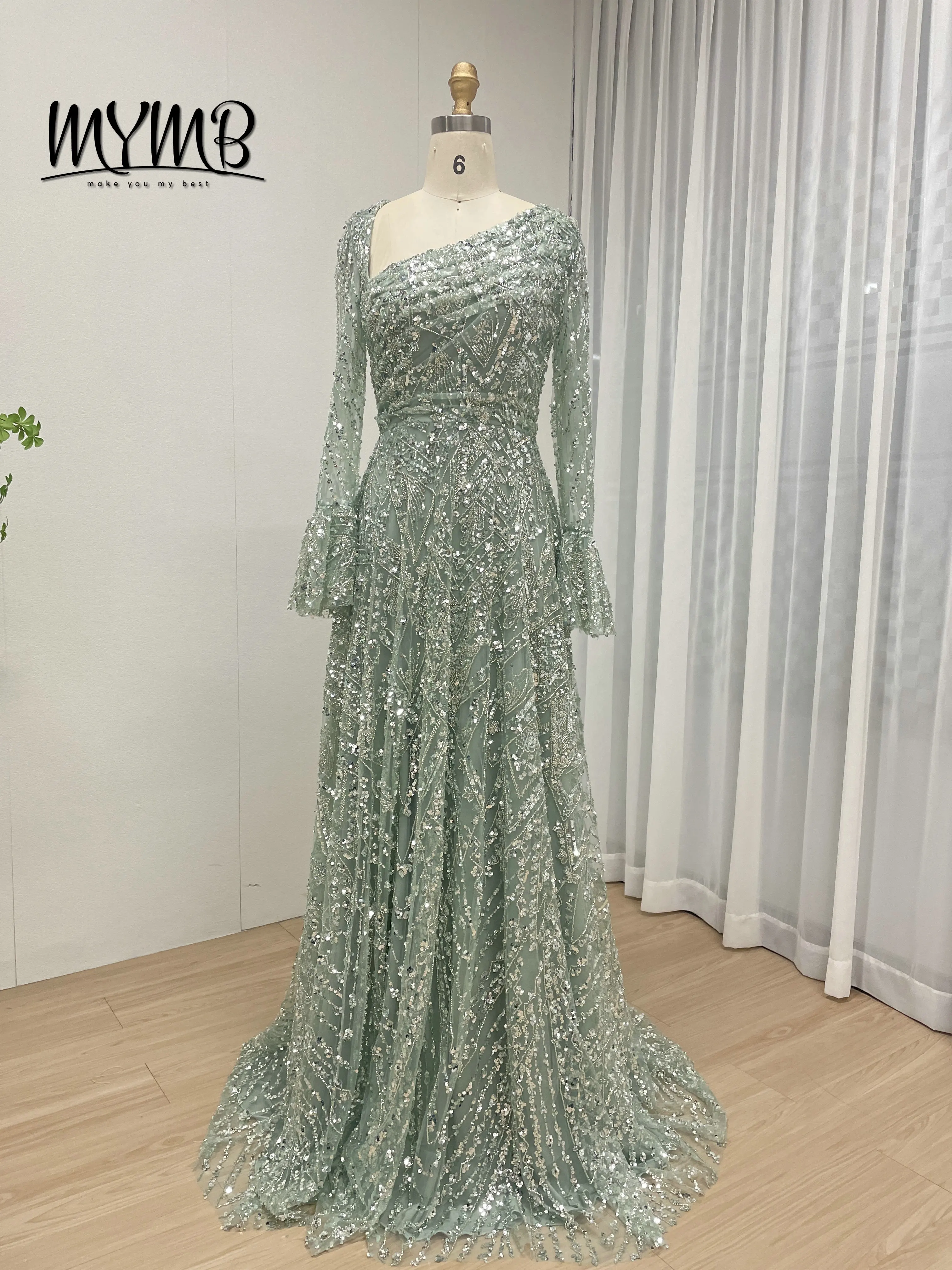 Mymb lindo deslumbrante elegante manga longa uma linha vestido de noite de baile com contas bordadas requintadas para ocasiões formais MY30089-2