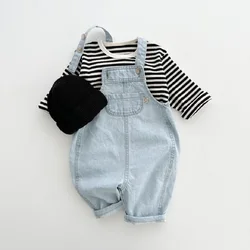 Children's pants 0-6 year old thin men's suspender pants casual solid color breathable denim suspender girls' jumpsuit