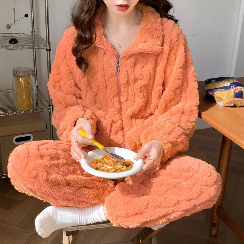 Large Size Flannel Pajamas Set Winter Female Trouser Suit Sleepwear Thicken Coral Fleece High Collar Zipper Lounge Wear Homewear