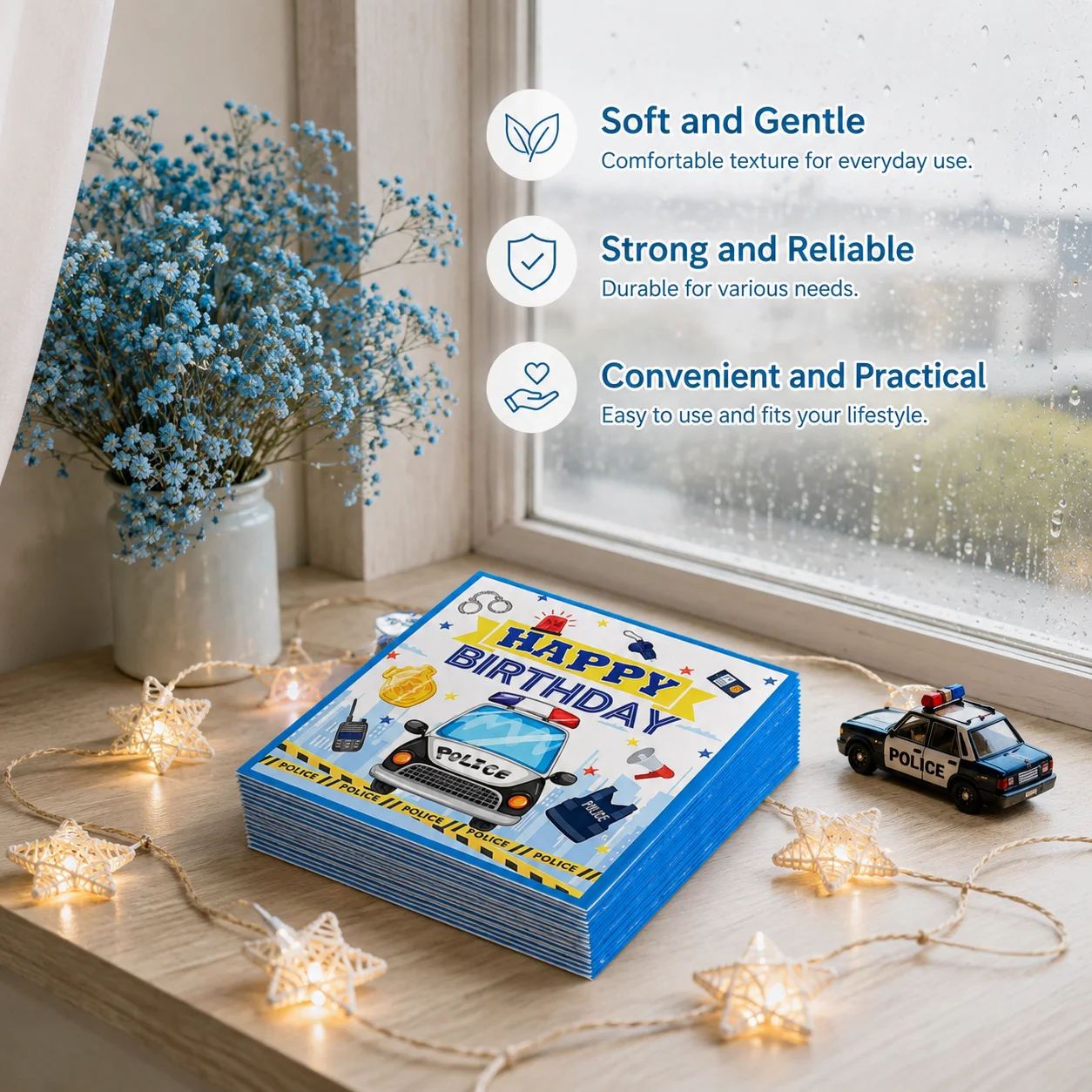 Police car tissue paper, police-themed party napkins, decorative items suitable for police-themed parties. Applicable for boys,