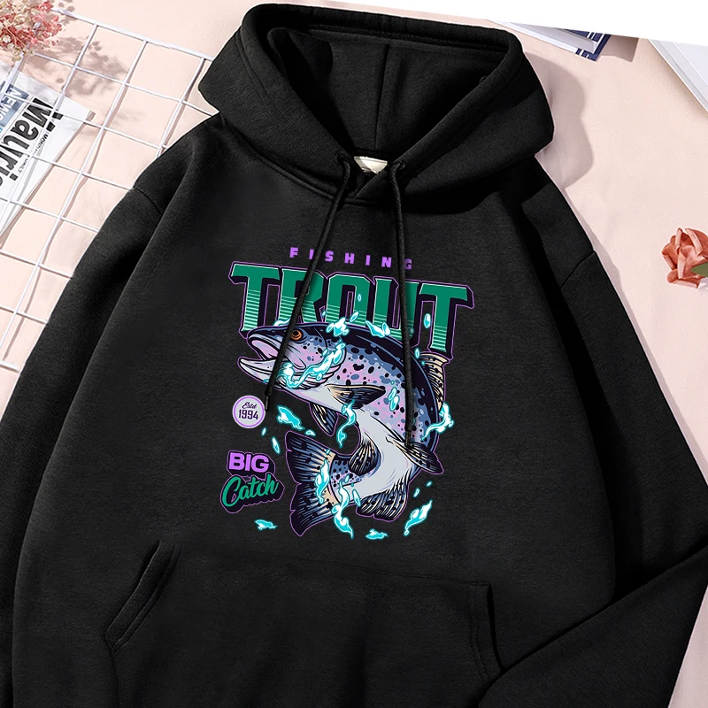 Fishing Trout Print Male Hoodies Vintage Creativty Sweatshirts Fashion Oversized Fleece Sportwear Classic Simple Comfy Clothes