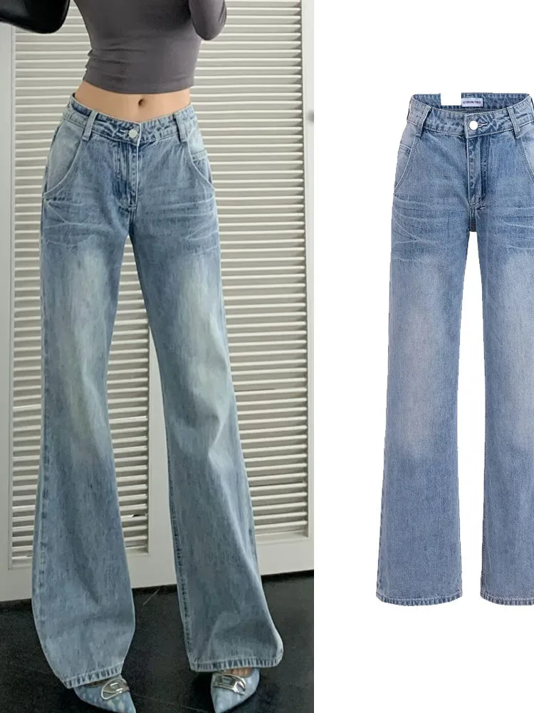 

Light Blue Straight Leg Jeans Women's High Waist Slim Fit Wide Leg Floor Length Pants Casual Sle Zipper Closure Spring Autumn
