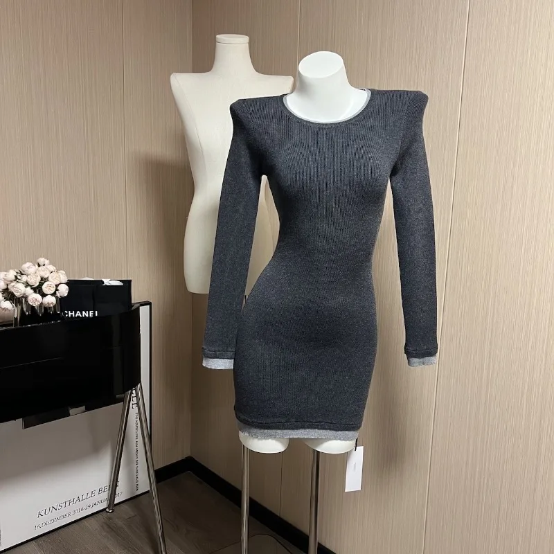 KBQ Solid Slimming Knitting Dreses For Women Shawl Long Sleeve Temperament Design Sense Pullover Dress Female Fashion Style New