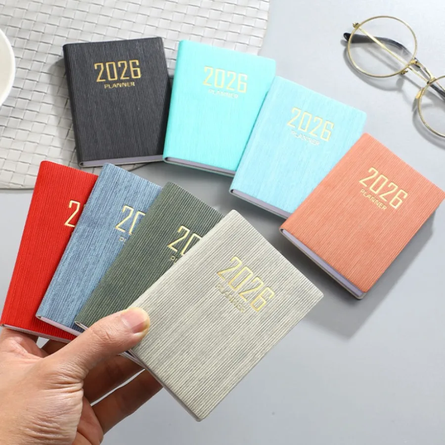 2026 Englisches Planbuch, A7, tragbar, dünn, Wochenkalender, Mini-Taschen-Tagesplan, kleines Buch