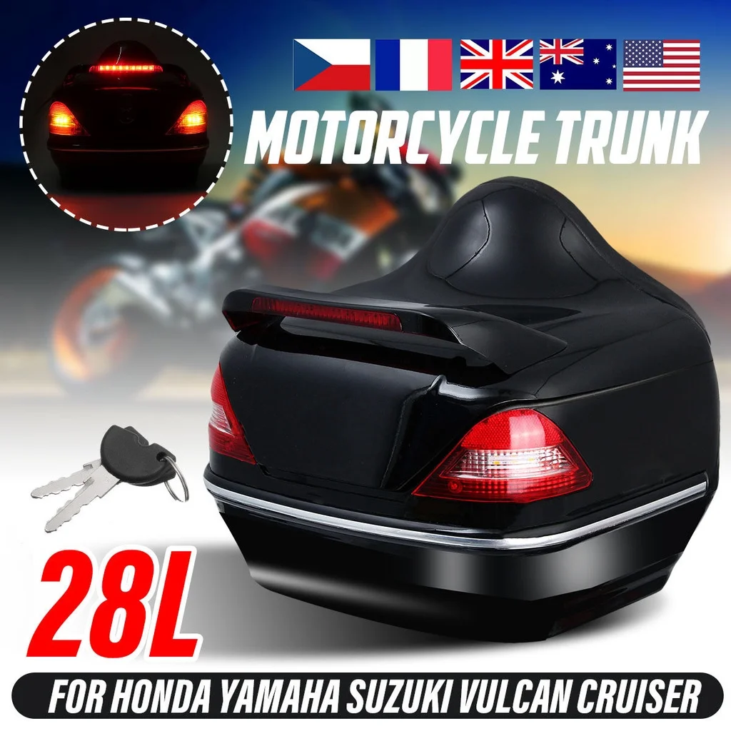 

28L Motorcycle Rear Trunk Case Tail Box Scooter Trunk Cargo Helmet Luggage Storage Case Topbox w/Tail Light Universal