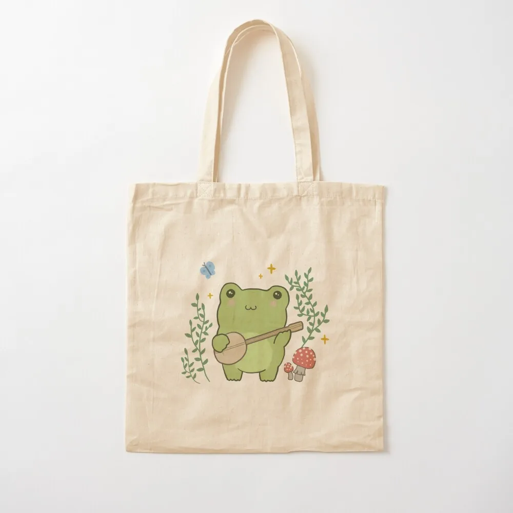

Kawaii Frog Playing Banjo: Toad Cottagecore Aesthetic Mushroom and Blue Butterfly Tote Bag women bag Canvas Tote Bag