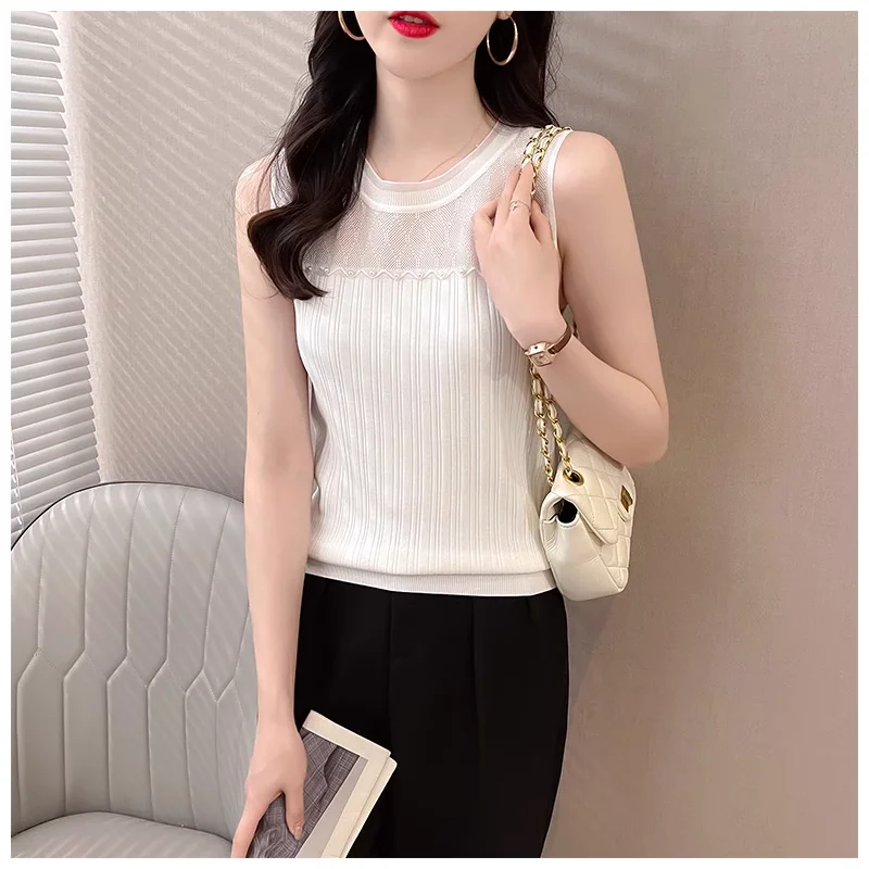 Summer New Fashion Casual Knitted Tank Top Women Round Neck Patchwork Lace Slim Fit Simple Versatile Sleeveless Bottoming Vest