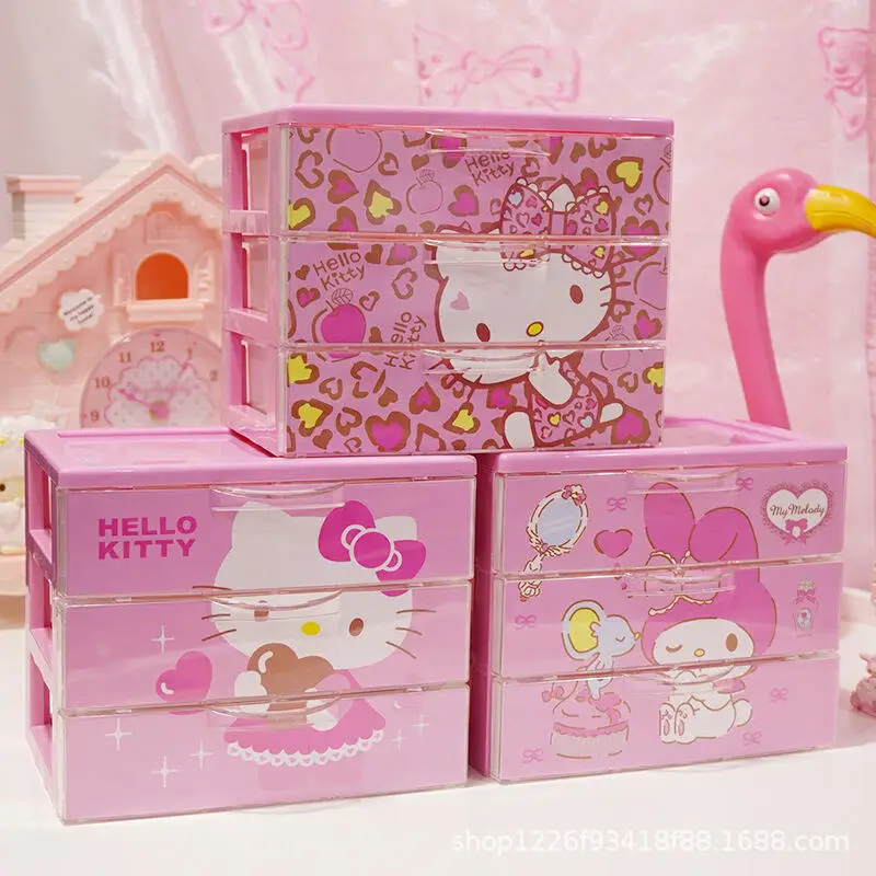 Sanrio HelloKitty caja de almacenamiento con cajones de 3 capas Anime Cinnamoroll My Melod cosméticos joyería organizador de cajones de escritorio estampado de leopardo