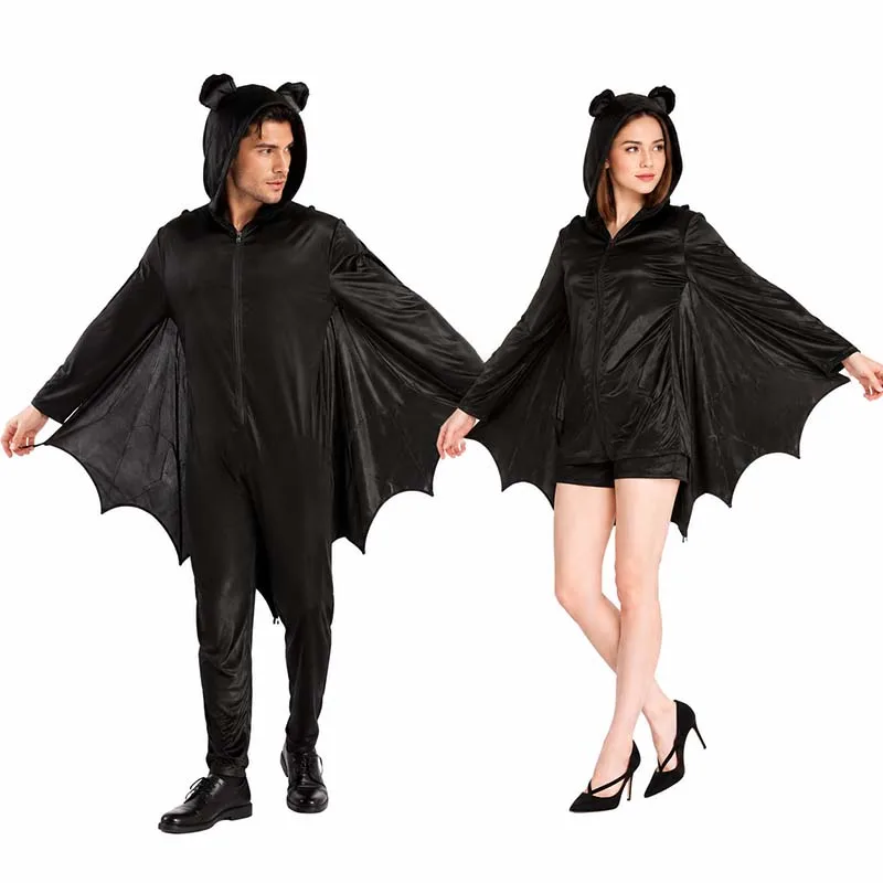 Adult Couple Black Bat Jumpsuit Costume With Hood for Men Women Halloween Party Cosplay Outfit Carnival Fancy Dress Up