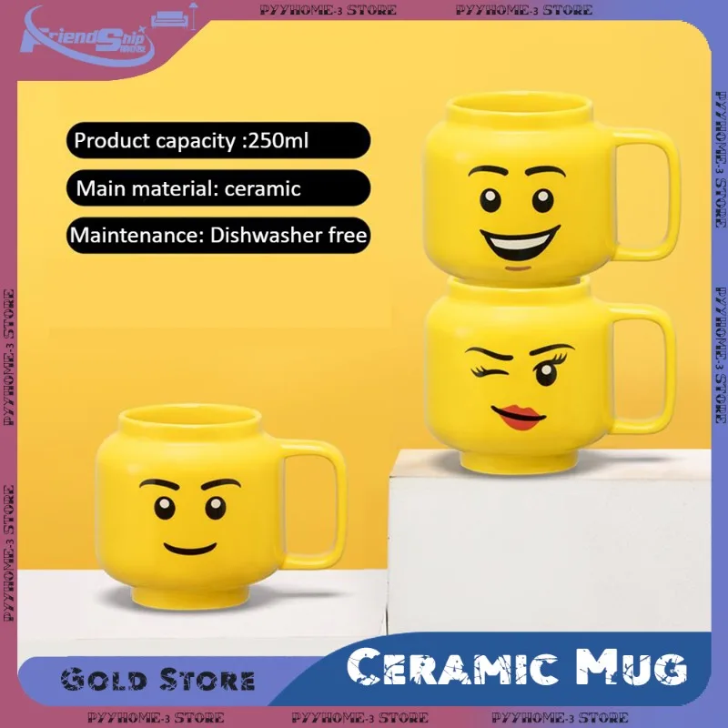 250ML Cute Ceramic Mug Cartoon Expression Handmade Drinkware Figurine Head Smiling Face Tea Drinking Cup Children Christmas Gift