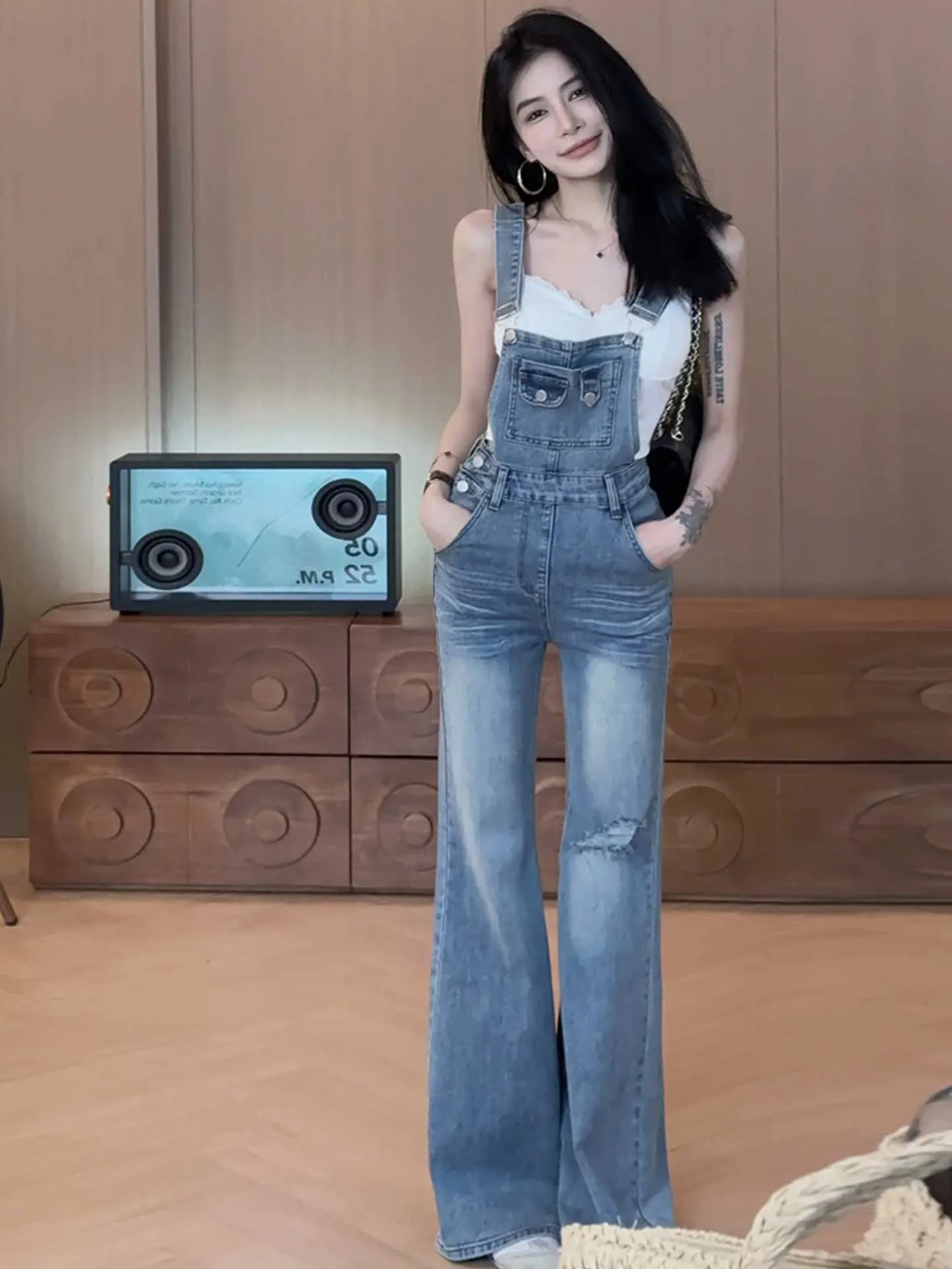 

American Retro Design Denim Overalls Women's Summer Slimming Straight Micro Flared Long Pants High Waist Jeans Casual Washed