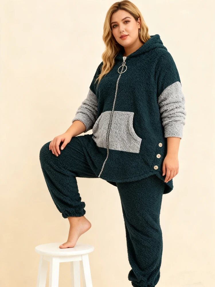 Conjunto de suéter cálido y contrastante de talla grande a la venta, cárdigan con capucha y cremallera, pantalones largos con cordón y puños elásticos