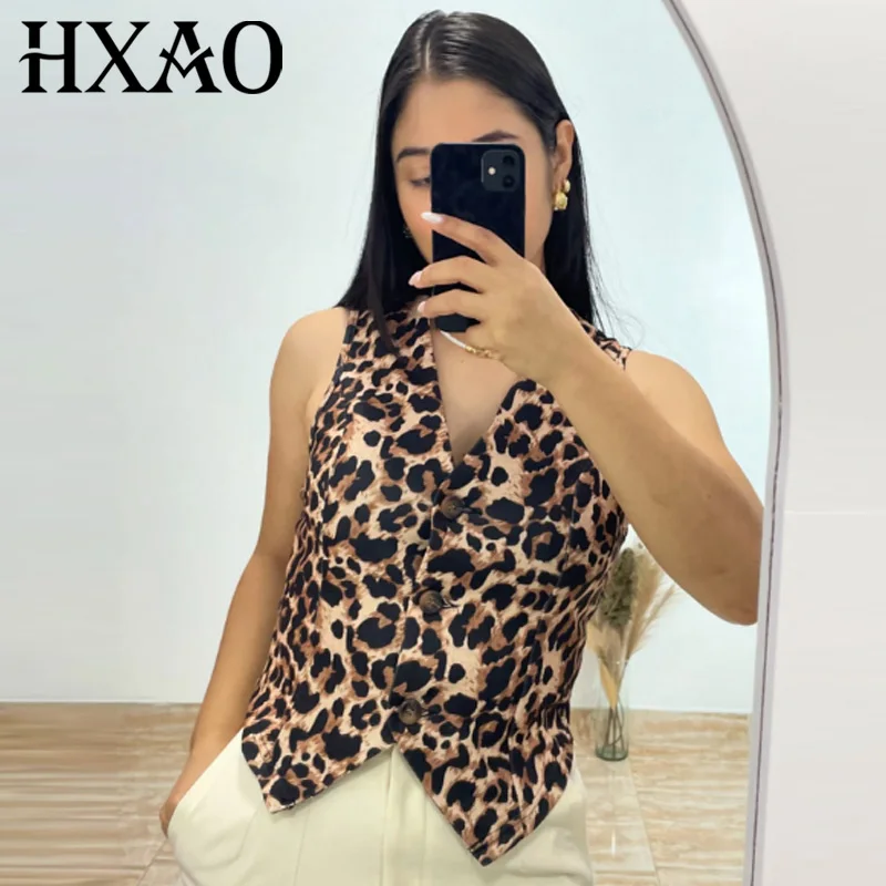 

HXAO Women's Vest Leopard Print Waistcoat Autumn 2025 Elegant V-Neck Sleeveless Tops For Woman Animal Print Cropped Gilet Mujer