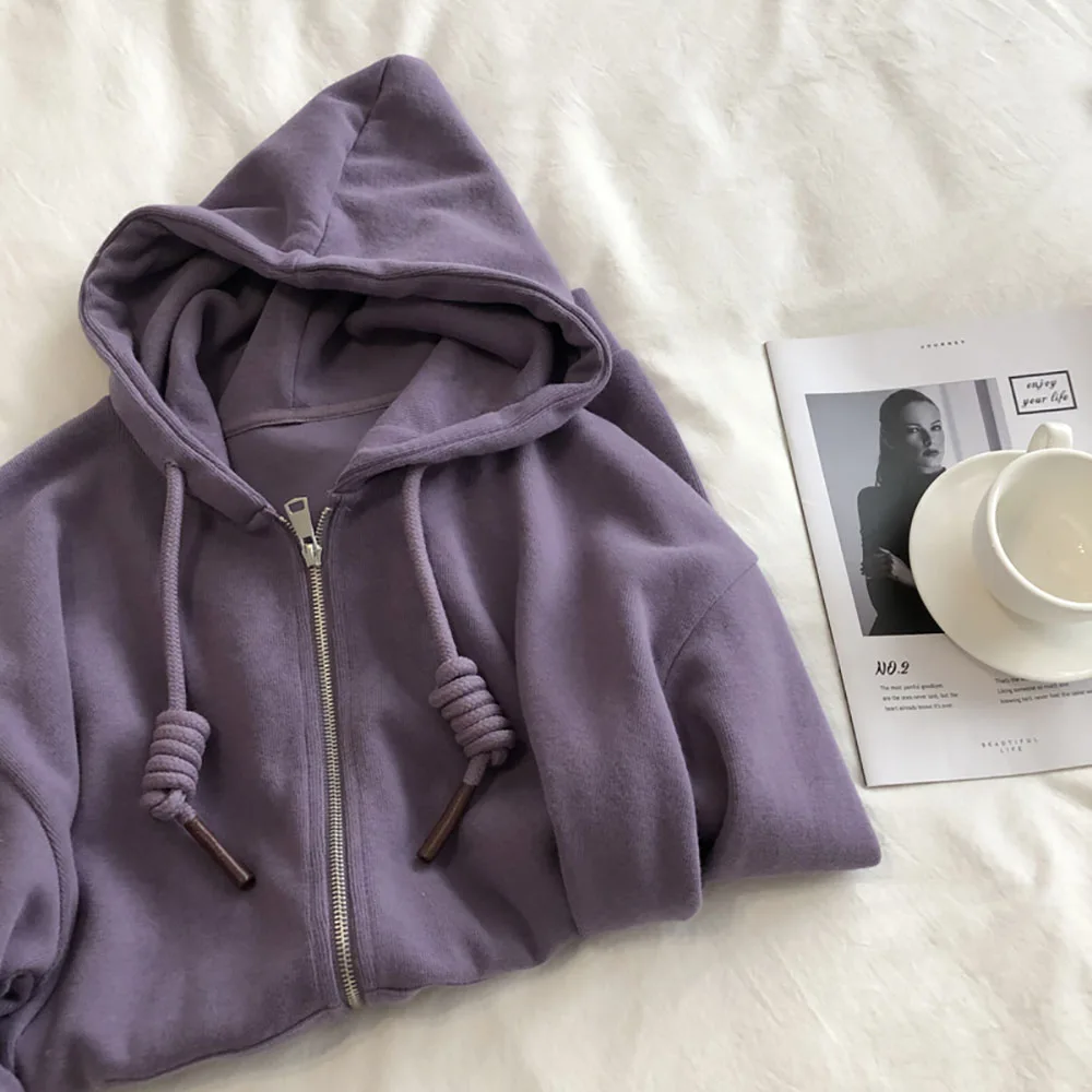 Spring Autumn Thin Women's Sweatshirts Elegant Purple Loose Casual Hooded Zipper Cardigan Outerwear Fashion Hoodies Female