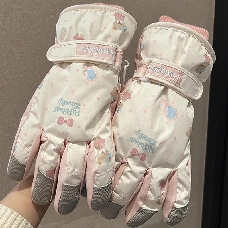 2025년 신상 겨울 터치스크린 스키 장갑 두꺼운 따뜻한 부드러운 장갑 방풍 방수 귀여운 핑크 곰 장갑 라이딩 장갑