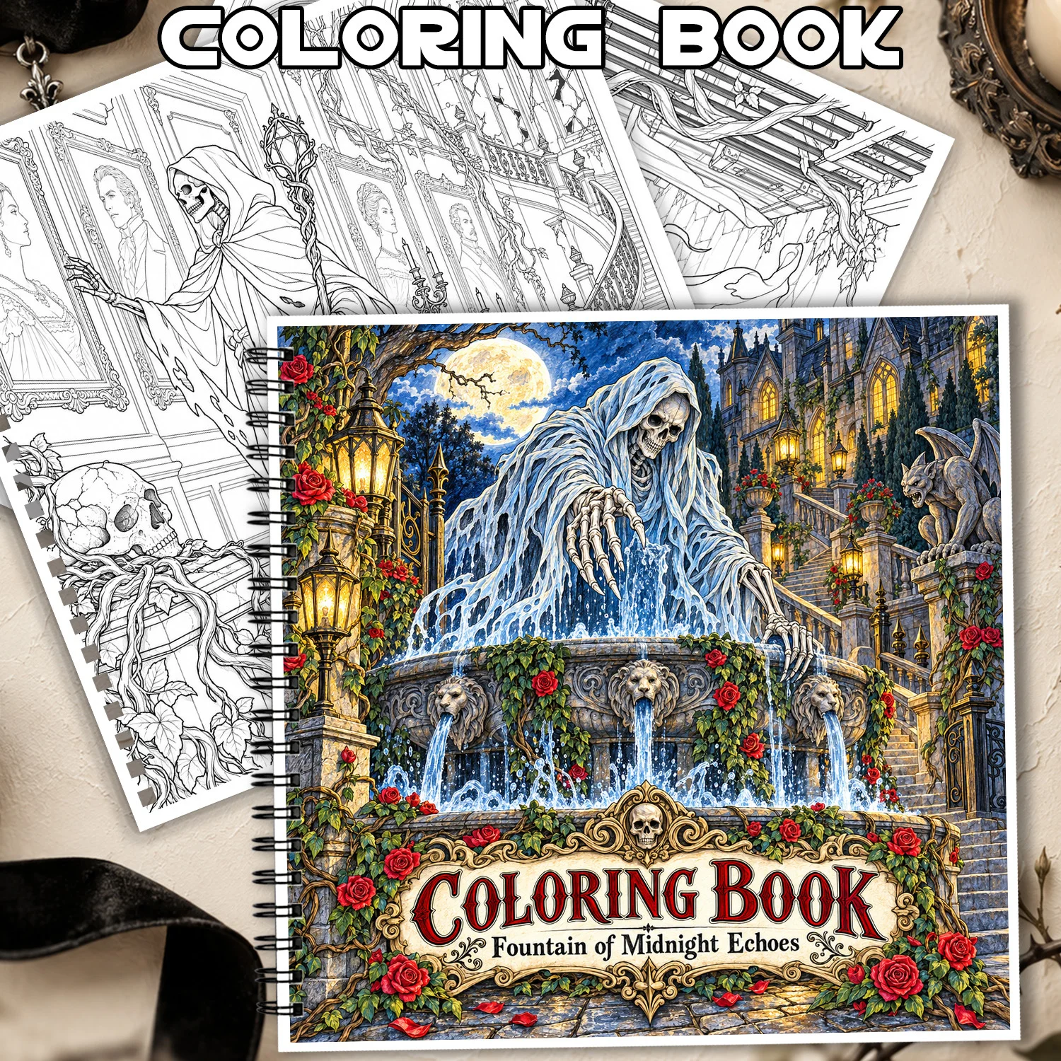 Spiral Binding Coloring Book Fountain of Midnight Echoes Gothic Horror for Adults Teens Showcasing Creativity Relieving Stress
