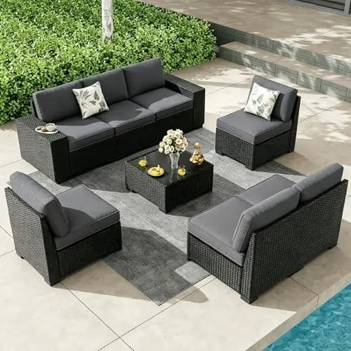 

8 Pieces Patio Furniture Set, Outdoor Couch Sofa with Wider Armrests & Glass Coffee Table, Outdoor Sectional Furniture