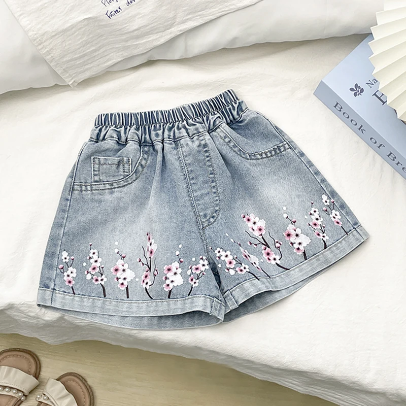 Girls' Denim Shorts Summer New Children's Korean Style Thin Fashion Flower Print Shorts Outer Wear Beach Hot Pants