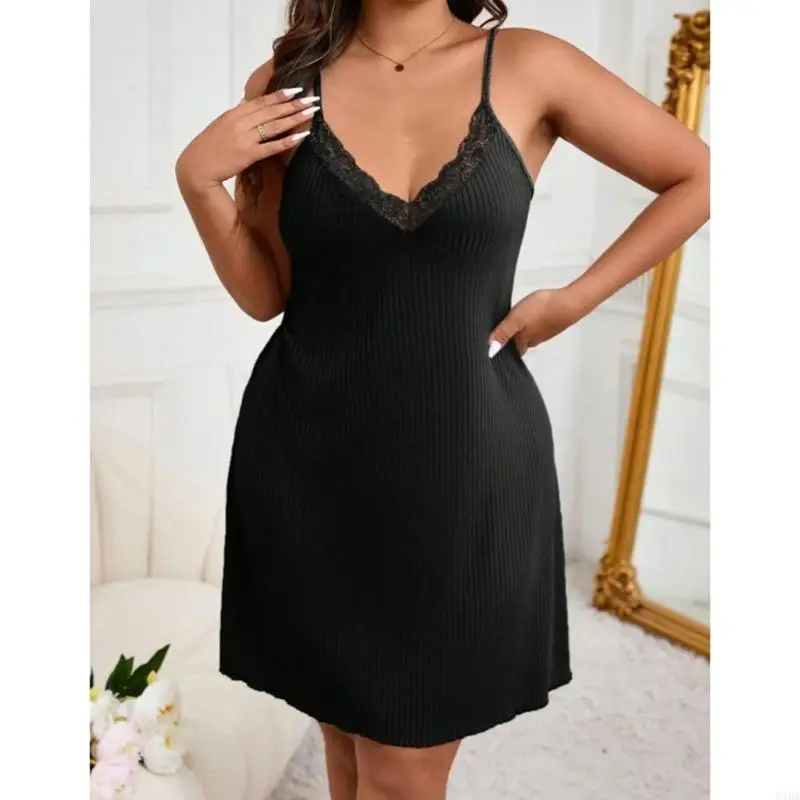 Women's Sleeveless Sleep Dress Lace Trim Ribbed Nightgown Soft Polyester Home Wear for Bedtime Comfort at Home 6XDA