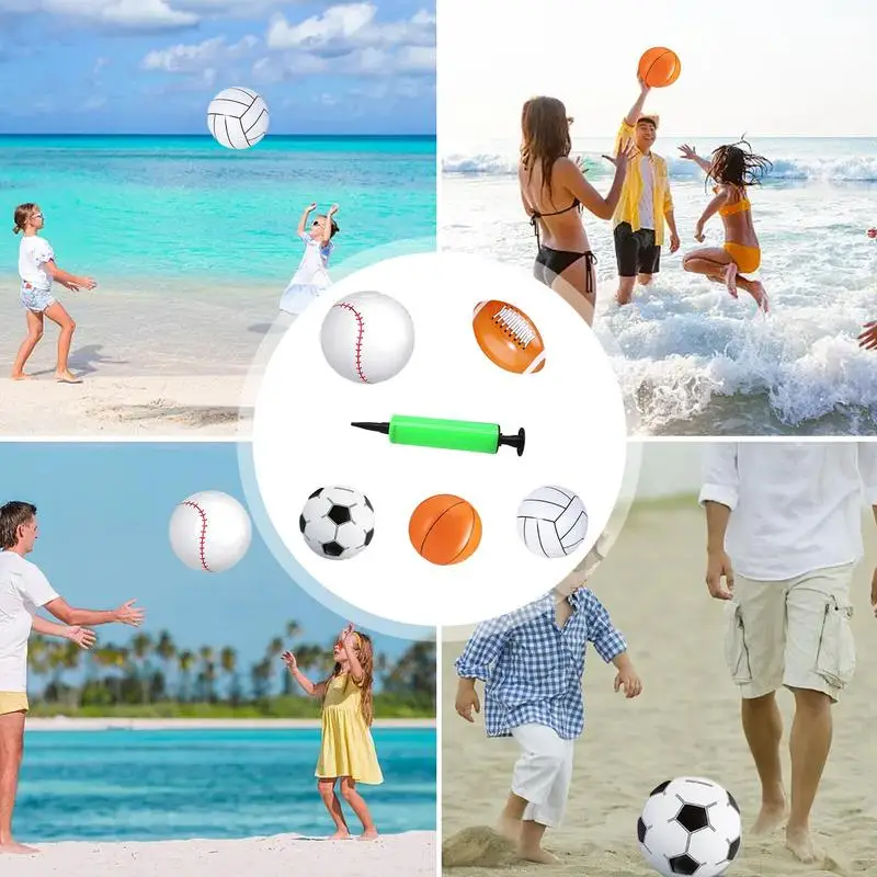 Aufblasbare Sportbälle, 5 x Strandball, Großpackung mit 1 Pumpe, Outdoor-Aktivität, Hüpfspielzeug, Schwimmbad-Spielzeug für Kinder, Jungen, Mädchen, Erwachsene