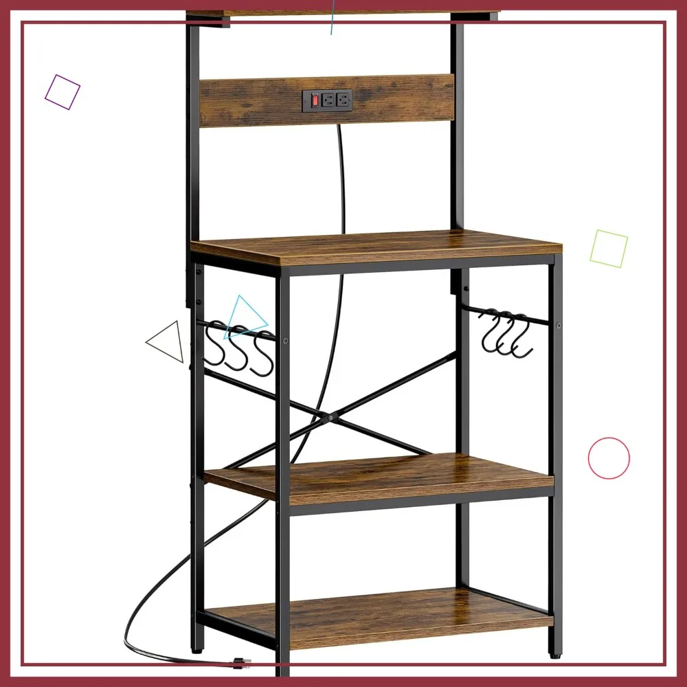 

4-Tier Kitchen Bakers Rack with Power Outlet, Coffee Bar Table, Microwave Stand & Hooks for Storage - Rustic Brown