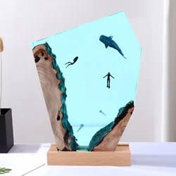 ZK30 Epoxy Resin Desk Art Ornaments Handmade Ocean Diver Whale Night Light Cave Whale Shark Diver Resin Ornament Wood Lamp Desk