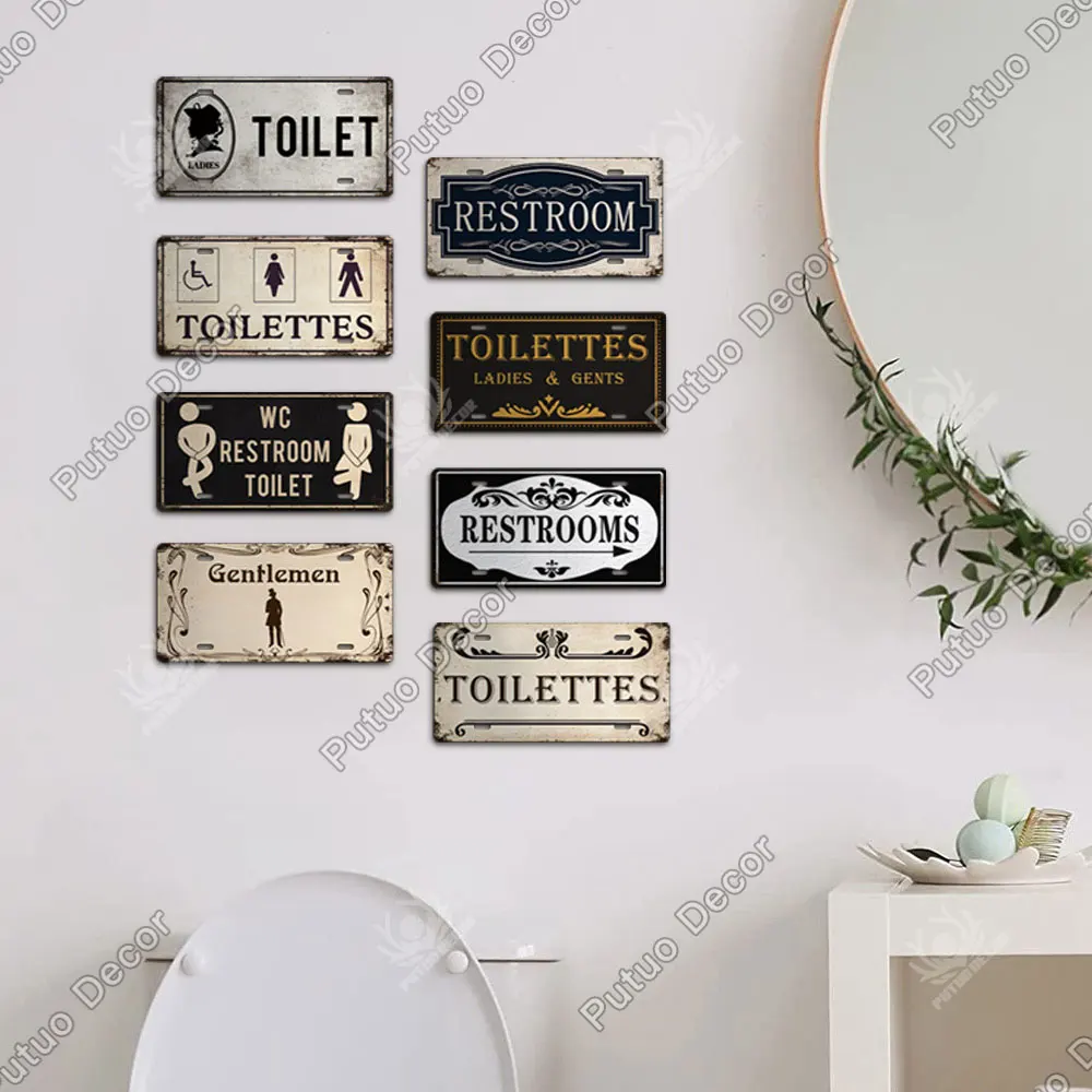 Putuo Decor Restroom Metal Sign Plaque Metal Vintage License Plate for Bar Club Toilet Bathroom Restroom Toilettes Door Decor