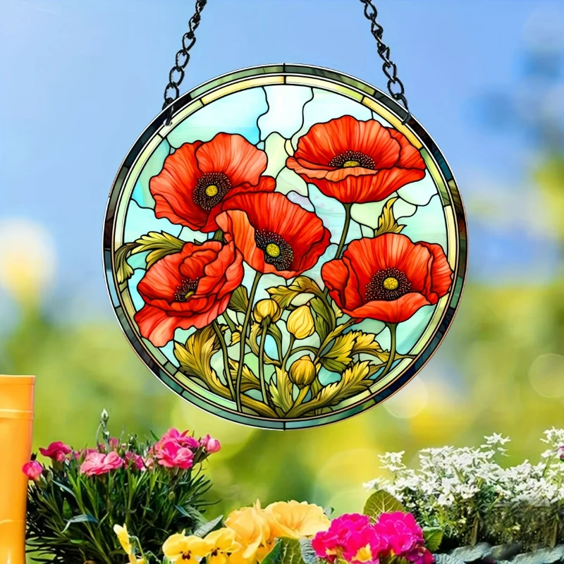 Flower Stained Acrylic Window Hanging Sun Catcher Suncatcher Panel with Chain Ornament for Windows Home Wall Art Decor Gift