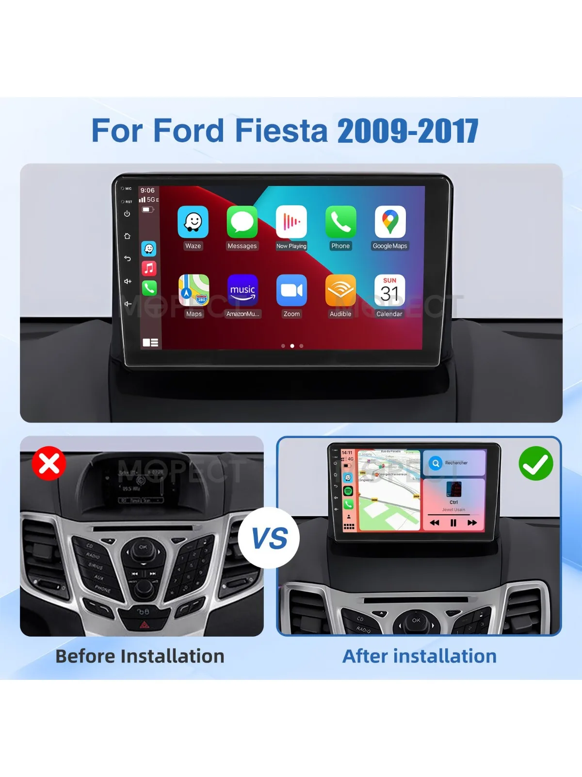 9 inch autoradio GPS Carplay radio 4+64G Android 15 voor Ford Fiesta 2009-2017 Apple CarPlay WiFi head unit AM/AM SWC BT+DAB&DVR&AHD - afbeelding 2